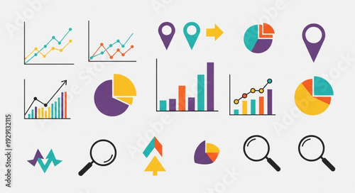 Collection of various data analysis and business chart icons for presentations.