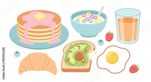Delicious breakfast spread with pancakes, cereal, and fresh fruit