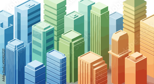 Vibrant cityscape with colorful skyscrapers in modern metropolis