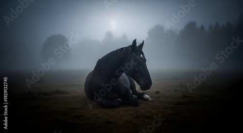 Wallpaper Mural Black horse resting in foggy landscape natural light and atmospheric scene Torontodigital.ca