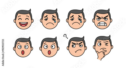 Diverse range of human emotions expressed through cartoon male faces, showcasing feelings.