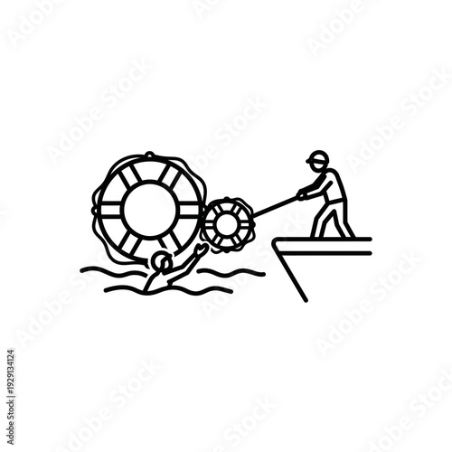 Maritime Rescue Operation from Boat with Lifebuoy Icon