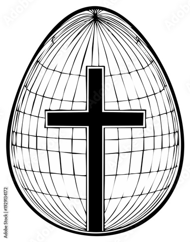 Christian cross inside a grid-patterned Easter egg symbolizing global faith and resurrection