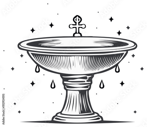 Ornate Font Baptismal Font with Cross and Starry Accent. Vector Illustration