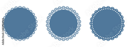 Blue lace doily napkin set. Three round frames with scalloped borders, decorative cutout edges. Paper coaster pattern. Vintage card, invitation, table decoration, pastry mat, tea party design. Vector.