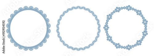 Light blue lace round frames set. Three circle borders with scalloped, wavy, floral cutout edges. Paper doily napkin patterns. Vintage invitation, wedding card, cake mat, table decoration. Vector.