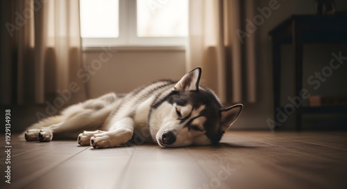 Wallpaper Mural Dog resting on wooden floor near window light indoors Torontodigital.ca