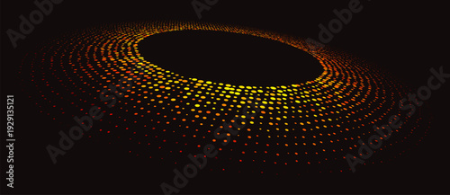 Abstract 3D glowing orange and yellow halftone oval vortex on black. Futuristic digital energy ring or data visualization for technology, sci-fi, and cosmic design backgrounds.