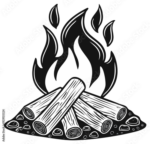 Illustration of a stylized campfire with burning flames and stacked logs, black and white.