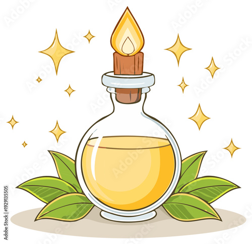 Sparkling magic potion bottle with a flame stopper and green leaves illustration
