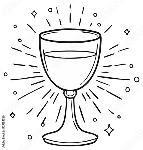 Chalice filled with celebratory liquid radiating joyous light and sparkling stars
