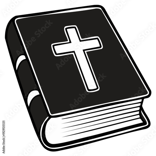 Closed black and white book with Christian cross on cover, religious scripture for faith, religion and gospel themes