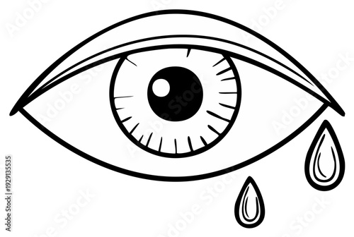 Simple black and white line art illustration of a crying eye with teardrops expressing sadness and emotion