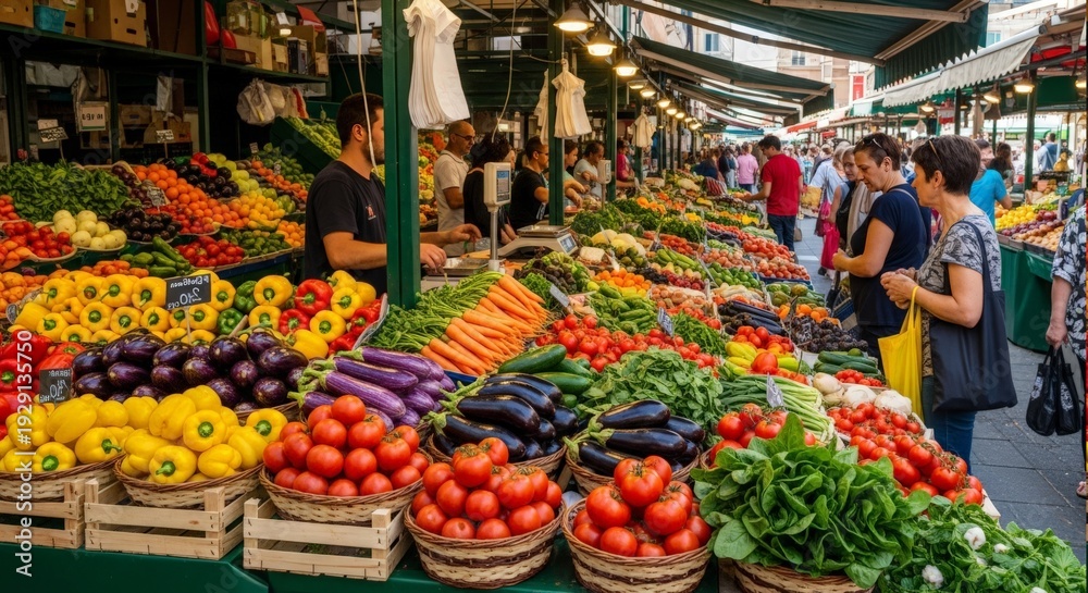 Obraz premium Vibrant European outdoor market with abundant fresh produce and shoppers