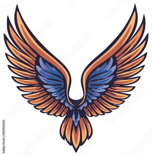 Stylized symmetrical wings with blue and orange plumage in flight or landing