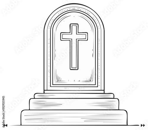 Stone graveyard monument with cross design simple outline drawing