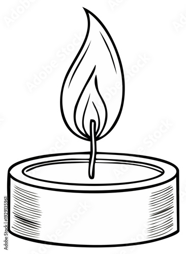 Outline illustration of a burning candle with a flame, decorative design
