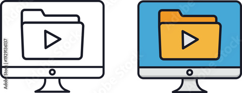 Digital course module and online education icon set featuring flat line vector of video folder on computer monitor screen for e-learning.