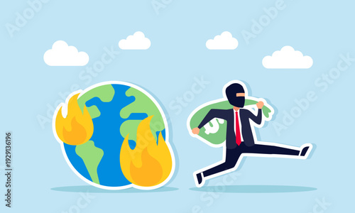 Thief stealing money sack near burning earth illustration of illegal and brutal natural resource exploitation in business