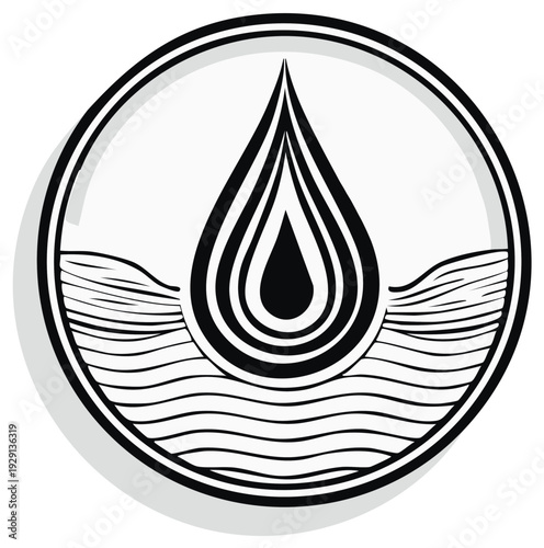Stylized Water Drop Icon with Waves Graphic in a Circle Simple Design