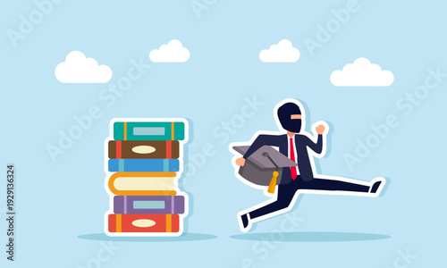 Thief stealing graduation cap near stack of books illustration of cheating in completing business management education