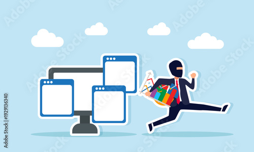 Thief stealing data charts from multiple application interfaces illustration of company data hacked by cyber attacker