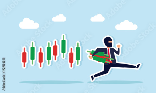 Thief stealing part of candlestick chart illustration of market manipulation in stock trading