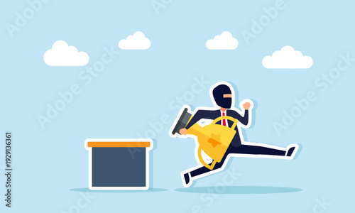 Thief stealing trophy from podium illustration of cheating to become leading company in business competition
