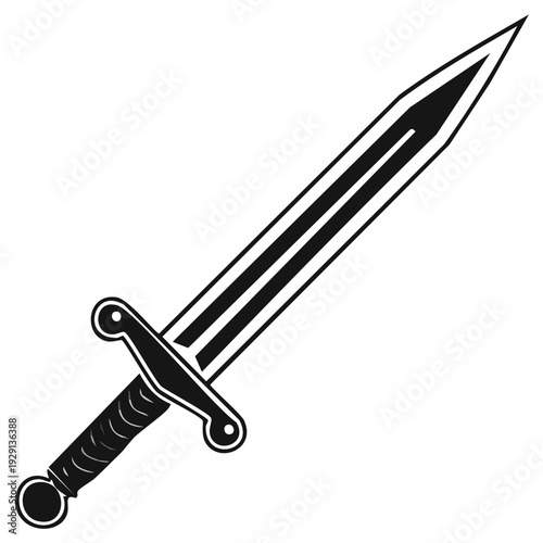 Black and white illustration of a sword with a long blade and crossguard.