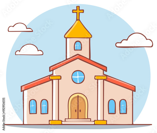Cartoon church building with cross and steeple under clouds and blue sky