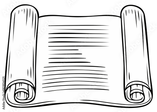 Vintage unrolled parchment scroll with abstract text lines hand drawn illustration