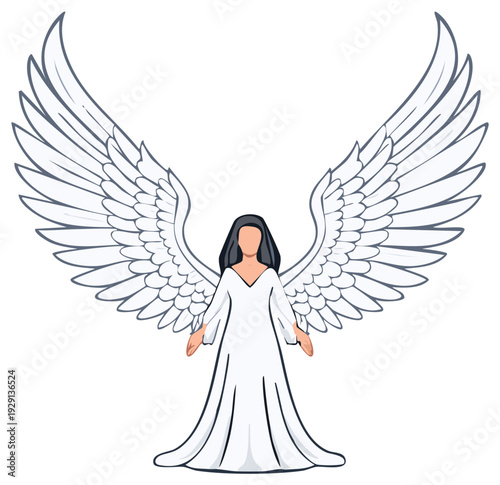 Illustration of a woman with large white feathered wings wearing a flowing white gown