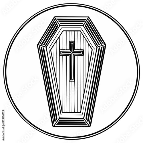 Coffin illustration with a cross symbol in a circle