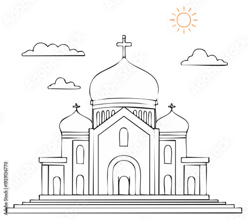 Hand drawn sketch of an Eastern Orthodox cathedral with domes and crosses