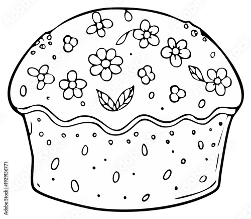 Hand drawn black and white illustration of a decorated Easter cake with floral patterns and sprinkles