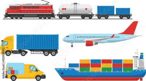 Global Freight Transportation Illustration Set with Cargo Train, Container Truck, Airplane, Delivery Van and Cargo Ship Logistics Vector
