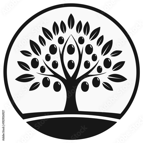 Silhouette Illustration of Fruit Tree with Round Fruit and Leaves in a Circle Graphic