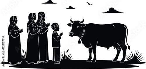 Silhouette of family praying with cow in traditional attire, black and white cultural livestock illustration, religious artwork vector design symbolizing ritual, heritage, and tradition