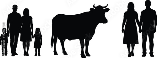 Silhouette of family with cow in traditional attire, black and white cultural livestock illustration, rural artwork vector design symbolizing heritage, farming, and community life