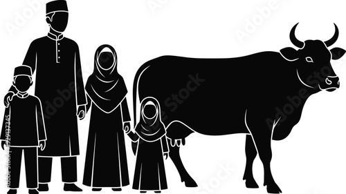 Silhouette of family with cow in traditional attire, black and white cultural livestock illustration, religious artwork vector design symbolizing heritage, ritual, and tradition