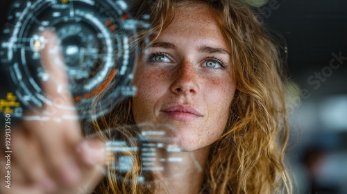 Young woman interacting with futuristic digital interface, focusing on virtual HUD display with finger touch gesture.