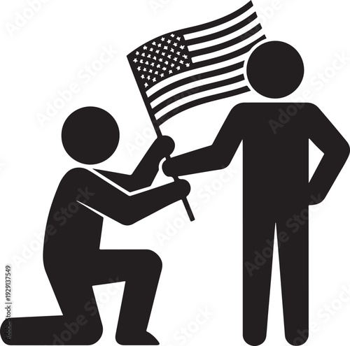 Soldier kneeling handing American flag to standing figure silhouette illustration