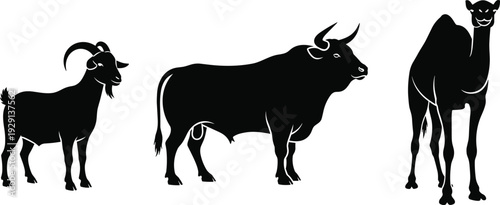 Silhouettes of goat, bull, and camel side profiles, black and white farm and desert animal illustration, cultural livestock artwork, vector design for agriculture