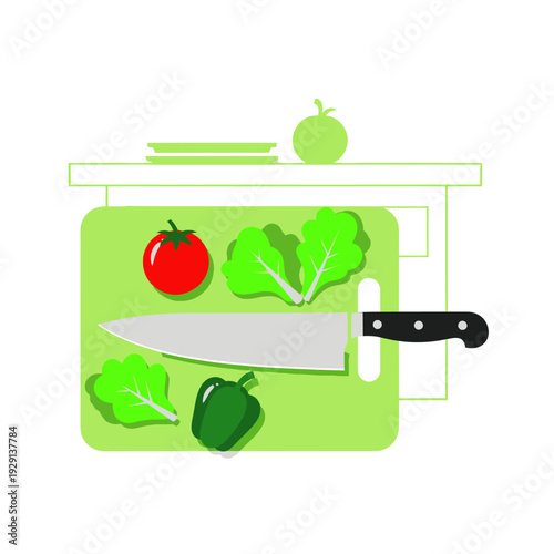 Knife and fresh vegetables on cutting board in kitchen