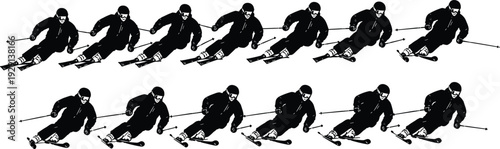 Downhill skier silhouettes in motion set, winter sports action sequence, alpine skiing athlete figures, cad drawing flat vector illustration, extreme mountain outdoor activity