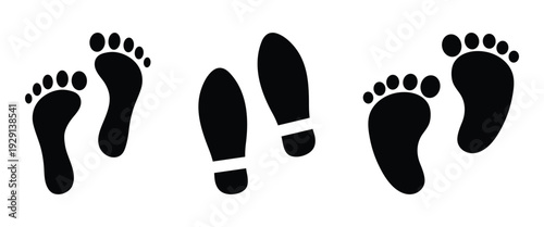 Different shape human footprints and silhouette design  isolated on a white background, ideal for footprints, shoe prints, social distancing markers, and massage therapy centers. Vector illustration.