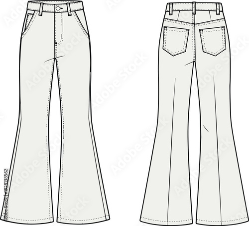 Technical fashion flat sketch of flared pants with waistband, belt loops, button closure, front and back pockets, yoke detail, garment construction illustration for apparel design