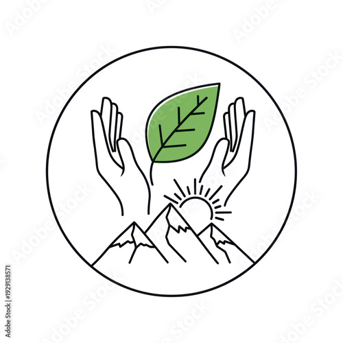 Hands protecting green leaf above mountains and rising sun
