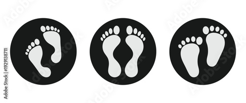 Black and white human footprints and silhouette design in circular frame, ideal for footprints, shoe prints, social distancing markers, massage therapy centers, spa branding to represent care. Vector 