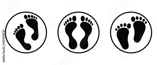 Black and white human footprints and silhouette design in circular frame, ideal for footprints, shoe prints, social distancing markers, massage therapy centers, spa branding to represent care. Vector 